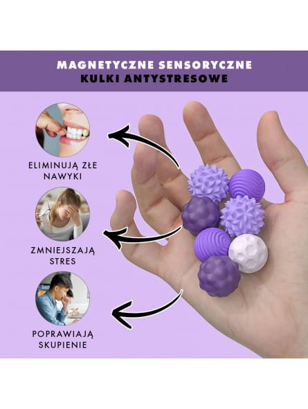 MAGNETYCZNE SENSORYCZNE KULKI ANTYSTRESOWE Z ETUI: ODCIENIE FIOLETU (4 SZTUKI)